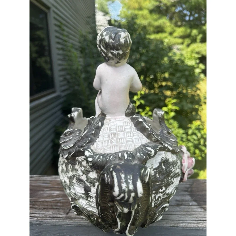 Vintage Capodimonte Italy Cherub Planter Basket Porcelain 3D Rose Putti 11